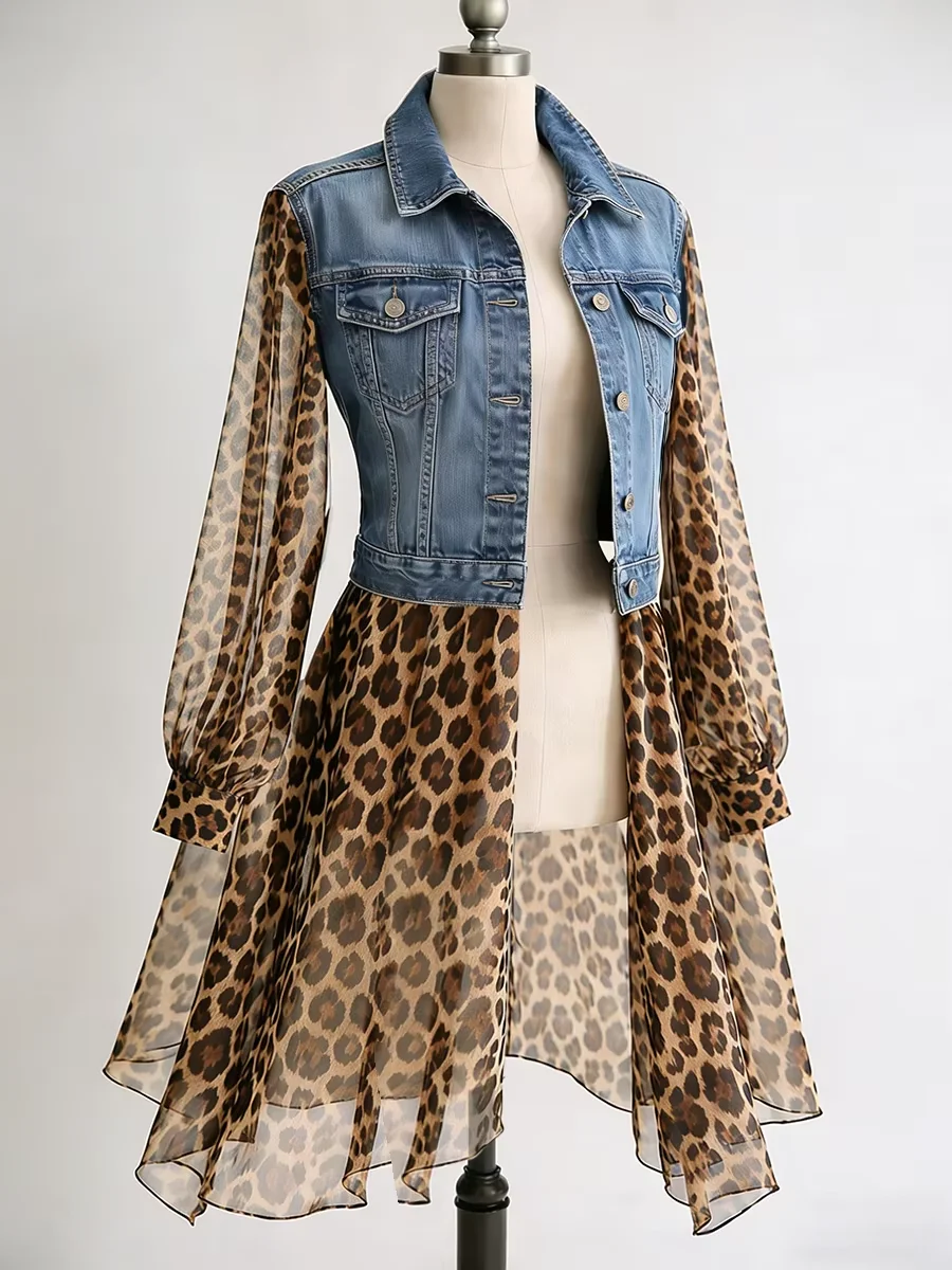 Vintage Chiffon Leopard Women Denim Coat Turndown Collar See-Through Long Sleeve Slim Fit Top Elegant Single-breasted Jackets