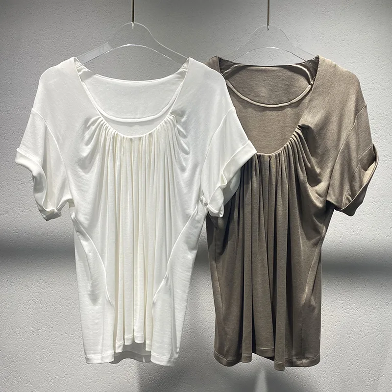 

2025 Summer New Style U-shaped Low Neckline Ruffled Silk Shirt Loose Rolled Edge Short-Sleeved T-Shirt for Women t shirt women