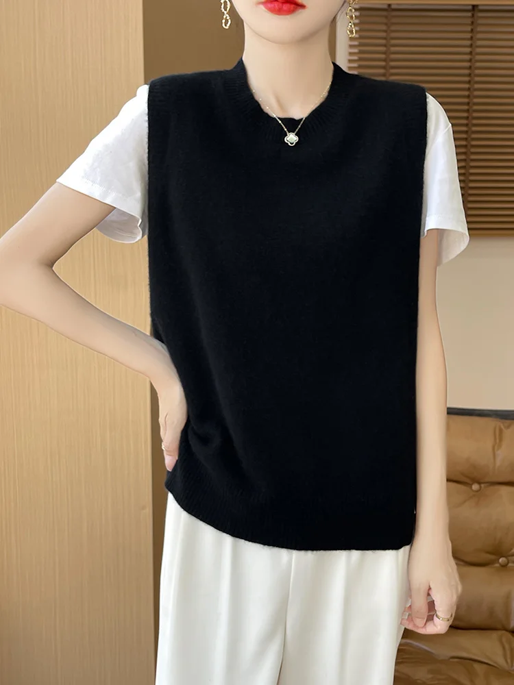 100% メリノウールプルオーバーベスト秋冬新女性カシミヤニットセーター O ネック基本的な定番韓国スタイルチョッキ