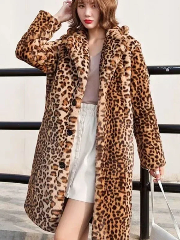 Mulheres casaco de pele do falso inverno leopardo grosso fofo manga longa quente outerwear jaqueta de pele de luxo elegante mujer bontjas casacos longos