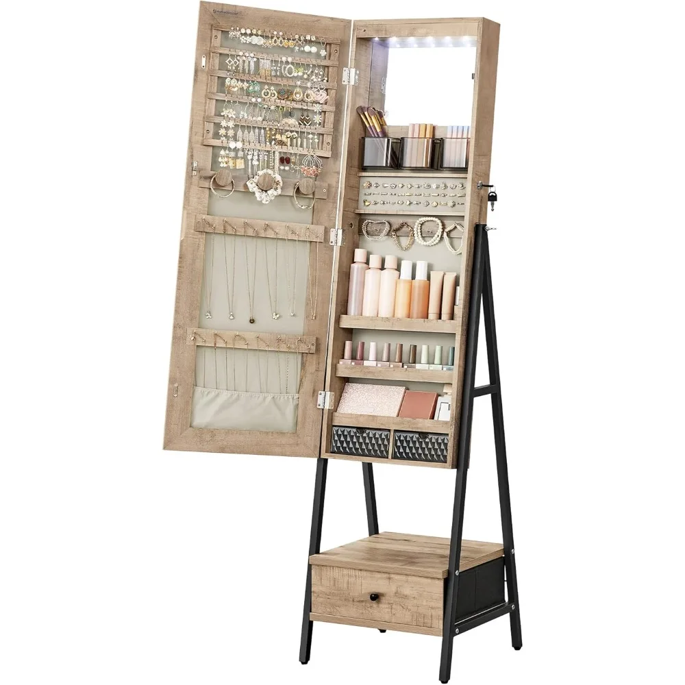 

LED Mirror Jewelry Cabinet Standing, Lockable Jewelry Armoire with Full-Length Mirror, Space-Saving Jewelry Organizer