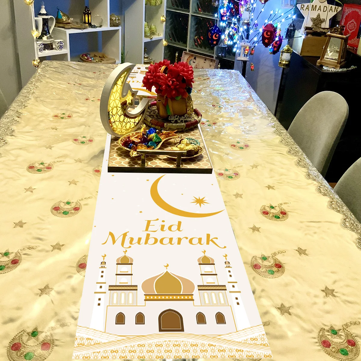 35*180cm Eid Mubarak Table Runner Ramadan Kareem Table Runners Handmade Table Cover 2025 for Home Festival Decoration Supplies