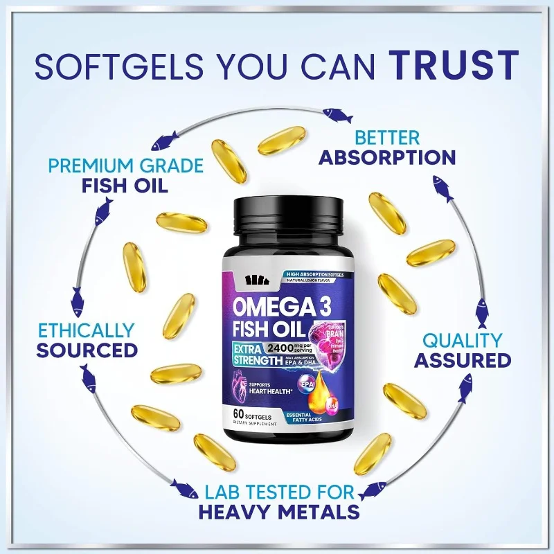 Omega 3 Capsules, Each 1000mg Fish Oil Supplement Capsule Contains 60 Soft Capsules of EPA and DHA