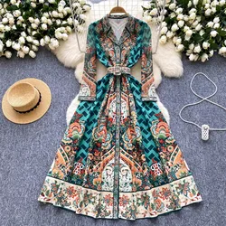 Spring Autumn Runway Paisley Print Long Sleeve Dress Women Notched Collar Single Breasted Belt Long A Line Party Vestidos