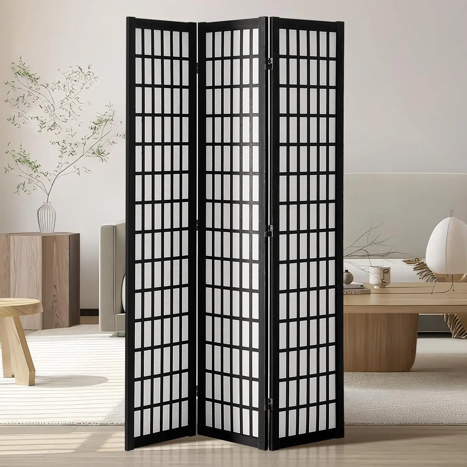 3 Panel Japanese Room Divider, Wood Folding Privacy Screen Indoor, Portable Partition for Home Office Restaurant & Bedroom