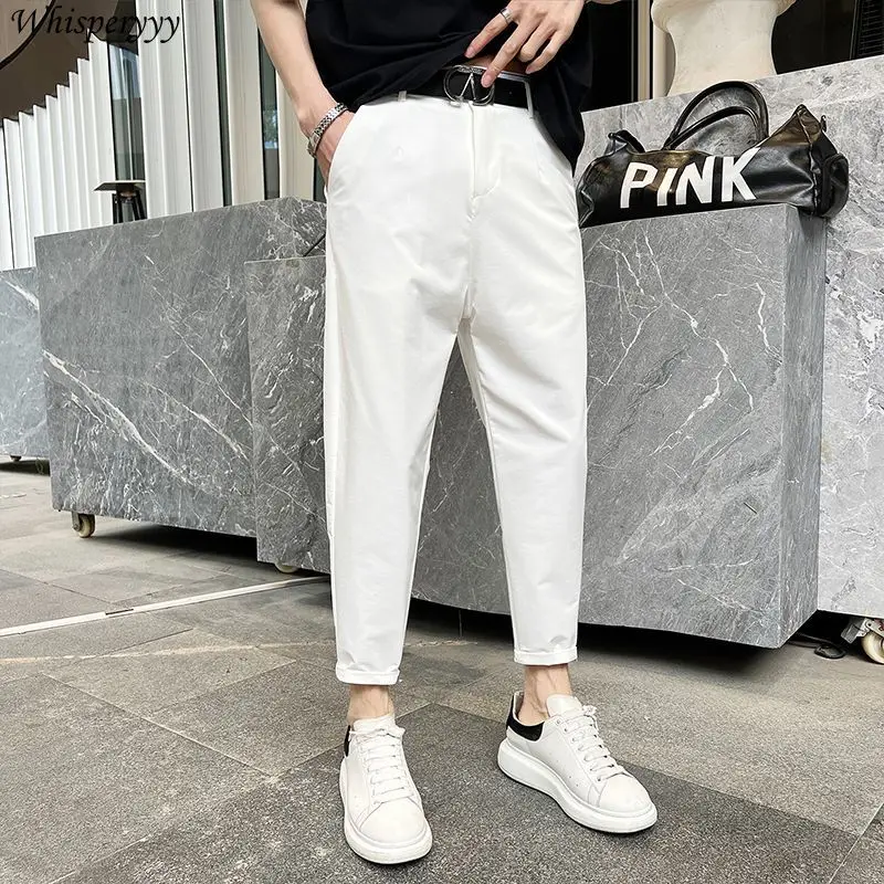 Spodnie męskie letnie cienkie proste nogawki spodnie na co dzień dziewięć punktów obcisłe spodnie męskie kieszenie Pantalones Harajuku spodnie w jednolitym kolorze