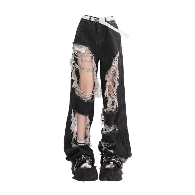 

2025 New Vintage Women Gothic Black Jeans High Waist Korean Y2k Streetwear Ripped Pants Harajuku Fashion Wide Leg Denim Trouser