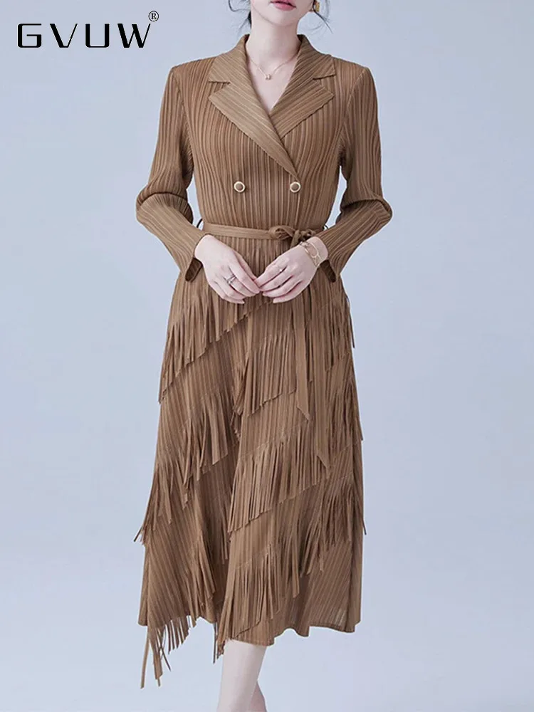 

GVUW Pleated Tassel Dress Women Lapel Full Sleeve Double Breasted Medium Long New 2024 Elegant Lady Chic Style Dresses 17G7266