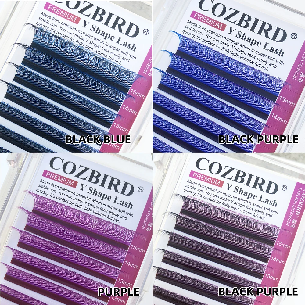 COZBIRD YY Shape Eyelash Extension yy Blue Purple Waved 4D Premade Faux Mink Volume Lashes Fluffy Natural 0.07 C D 8-15mm