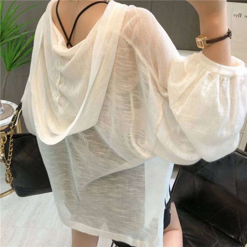 Hooded T-shirts Women Loose Lazy Thin Sheer Sun-proof Summer Sporty Long-sleeve Korean Style Solid All-match Streetwear Fashion