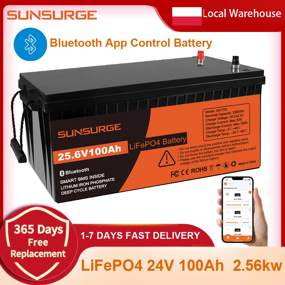 Akumulator LiFePO4 24 V, 100 Ah, do magazynowania energii, z funkcją Bluetooth, wyposażony w system BMS odporny na niskie temperatury i zapewniający długą żywotność, idealny do następujących