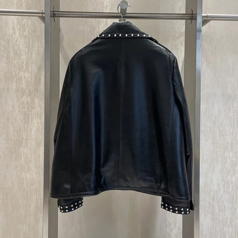 Women Coat Spring 2023 New Fashion Genuine Leather Jacket With Diamonds High Quality Clothes Turn-Down Collar Double Breasted