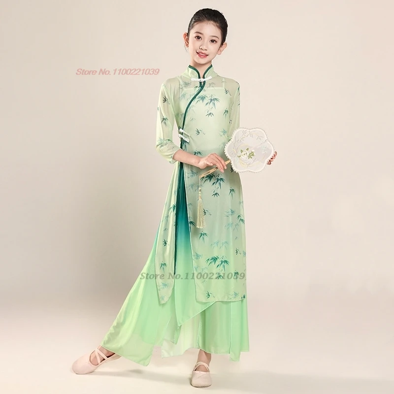 

2026 Китайский винтажный танцевальный костюм с традиционным цветочным принтом, детское платье-ципао + комплект с брюками, наряд для сценических выступлений, народный костюм