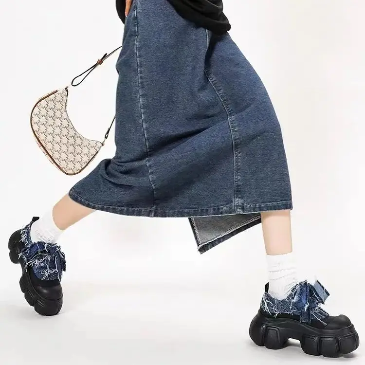 Retro Denim Navy Blue Waterproof Platform Ankle Boots Rock Punk Style Non-Slip Lace Up Casual Shoes Round Toe Modren Derby Shoes