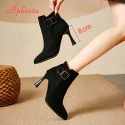 Aphixta Faux Suede Women Ankle Boots Sexy 8cm High Heels Zipper Close Modern Boots Shoes Woman Boats botines para mujeres Size42