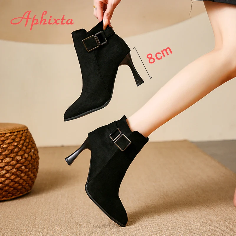 Aphixta Faux Suede Women Ankle Boots Sexy 8cm High Heels Zipper Close Modern Boots Shoes Woman Boats botines para mujeres Size42