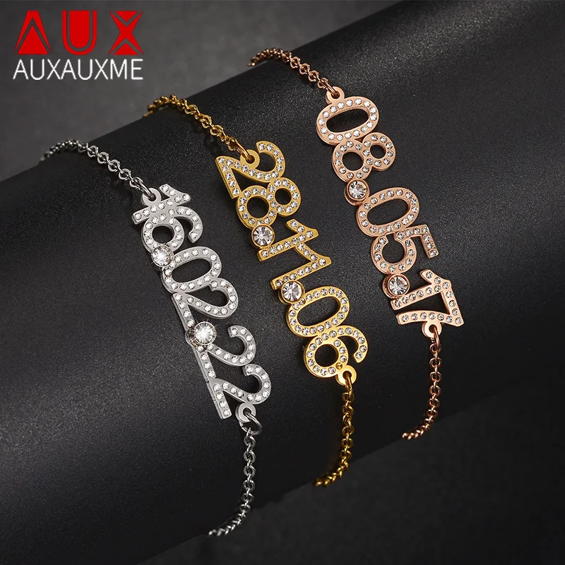 

Auxauxme Custom Zircon Birthday Date Bracelet for Women Stainless Steel Personalized Number Birthstone Charms Bracelet Jewelry