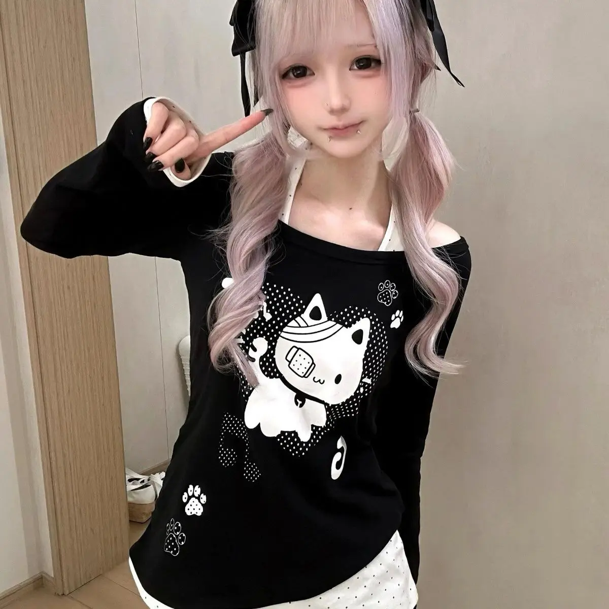 HANYAYA Japanese Subculture Girl Shirt Anime Soft Cute Cat Print Splicing Polka Dot Halter Fake Two-Piece Long Sleeve Top