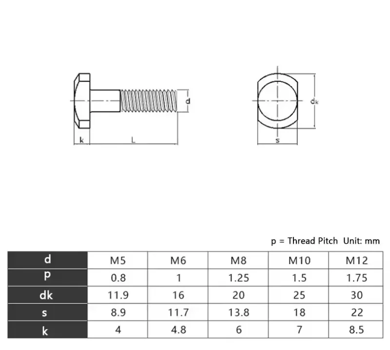 304 Stainless Steel M5 M6 M8 M10 M12 T Bolt T Screw Square Bolts Square Rectangle Machine Screws