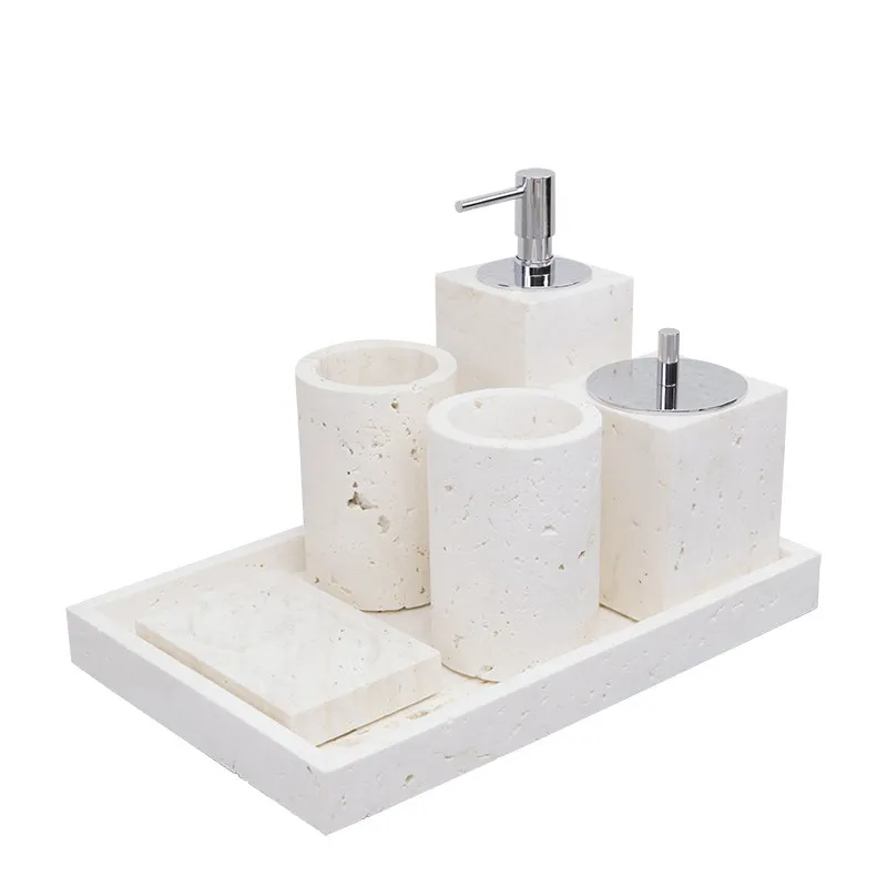 Luxury Travertine Marble Bathroom Counter Set 4 In 1 Vanity Tray Tissue Box Mouth Cup For Hotel Villa Home Decor