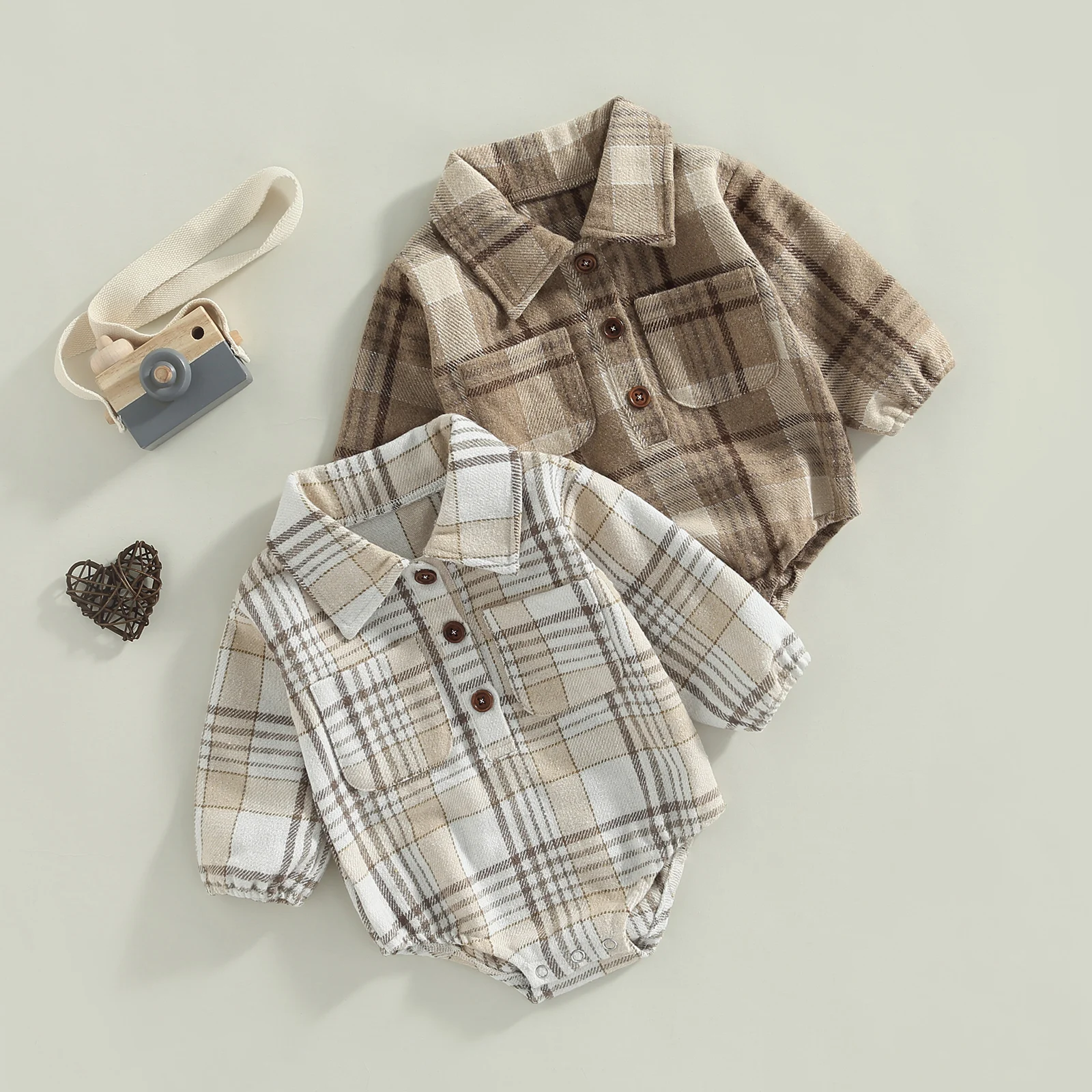 2022-06-10 Lioraitiin 0-24M Infant Baby Boy Romper Buttons Lapel Long Sleeve Vintage Plaid Pattern Jumpsuit with Pockets