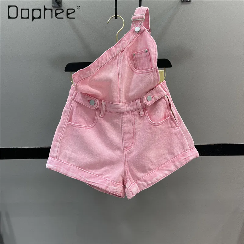 Women Denim Overalls Bib Adjustable One Shoulder Rompers Solid Color Wide Legs One Piece Loose Jumpsuits Button Street Outfit