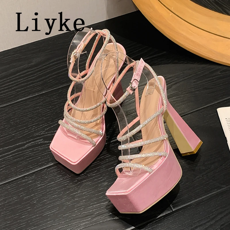 Liyke Runway Fashion Rhinestones Ankle Strap Platform Sandals Women Elegante Square Toe Wedding Banquet Ultra High Heels Shoes