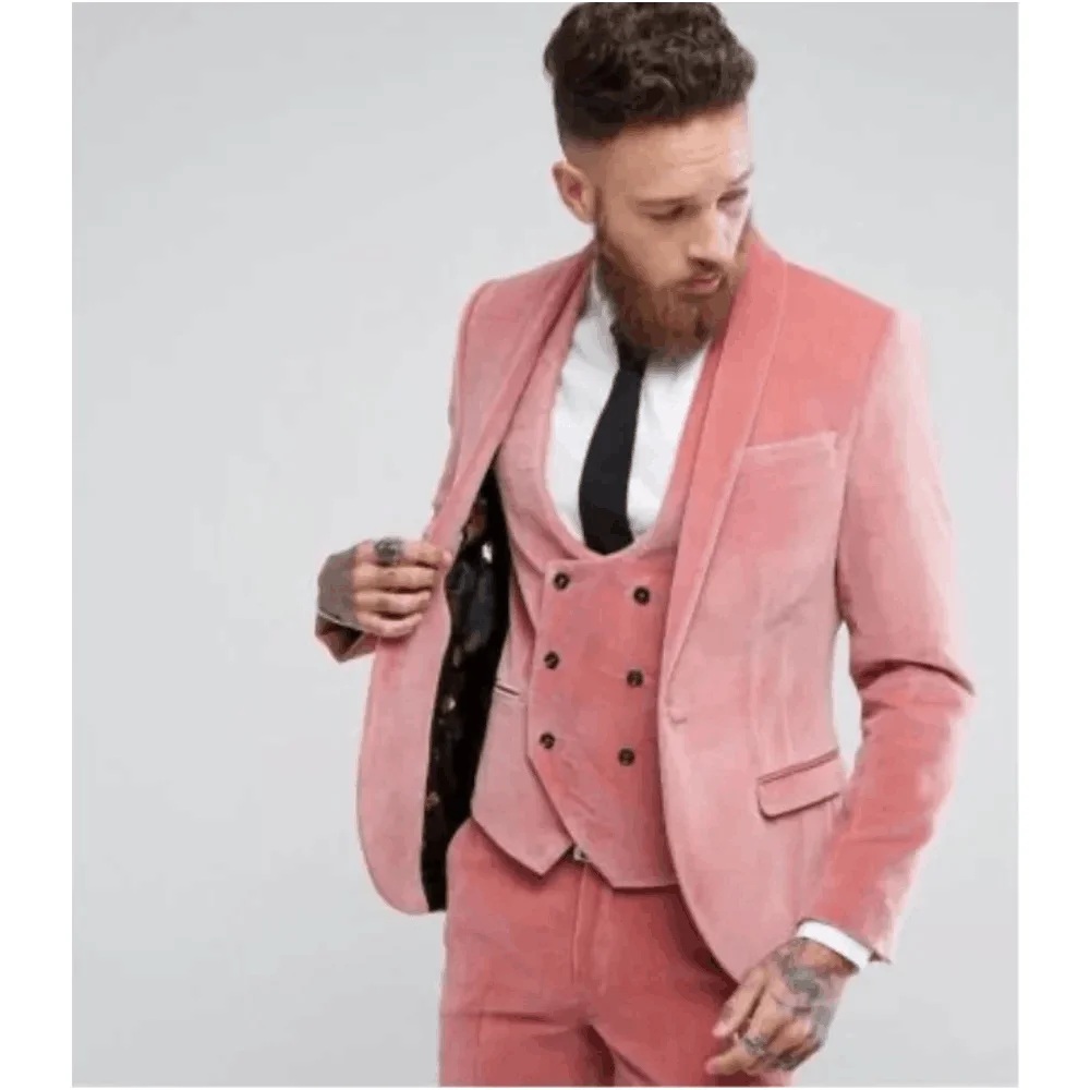 Fashion Pink Velvet Men Suit Formal Business Blazer Party Wedding Groom  Slim Fit  3 Pieces Set Jacket Pants Vest Costume Homme