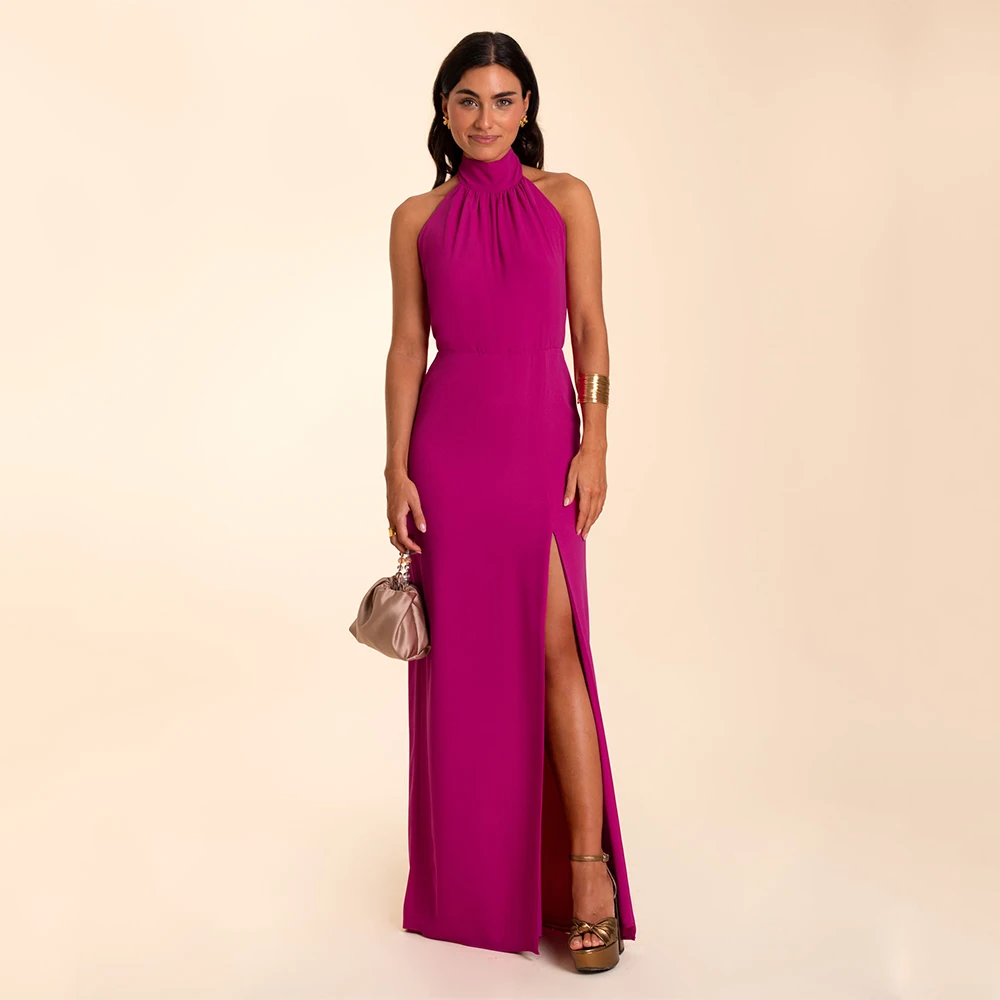 

Elegant Formal Party Dresses for Women Halter Backless Column Evening Gowns Long Side Split Sleeveless Simple Bridesmaid Dress