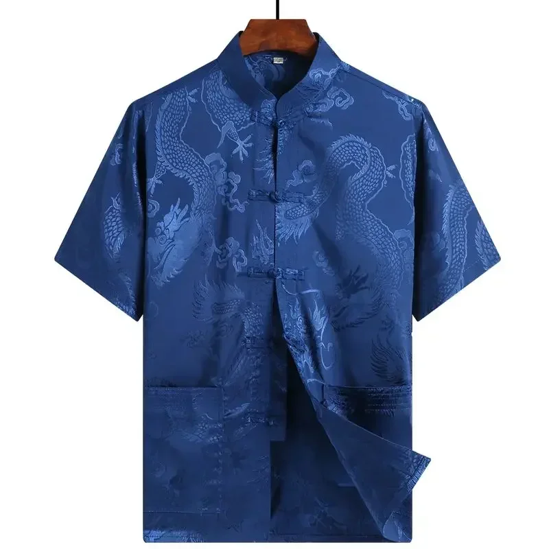 Summer Men's Tang Short Sleeve Shirt Top Chinese Silk Ethnic Clothing Hanfu Pan Buckle Large Size Shirt Kung Fu Tai Chi Clothing