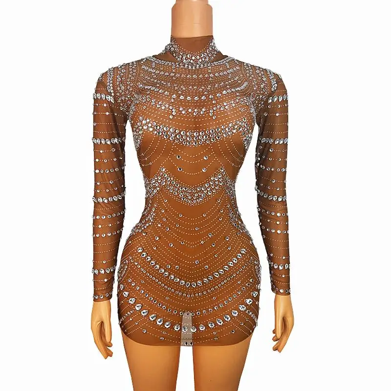 Sexy Perspective Mesh Skinny Rhinestones Dress Women Singer Stage Costume Birthday Celebrate Evening Prom Performance Clothes