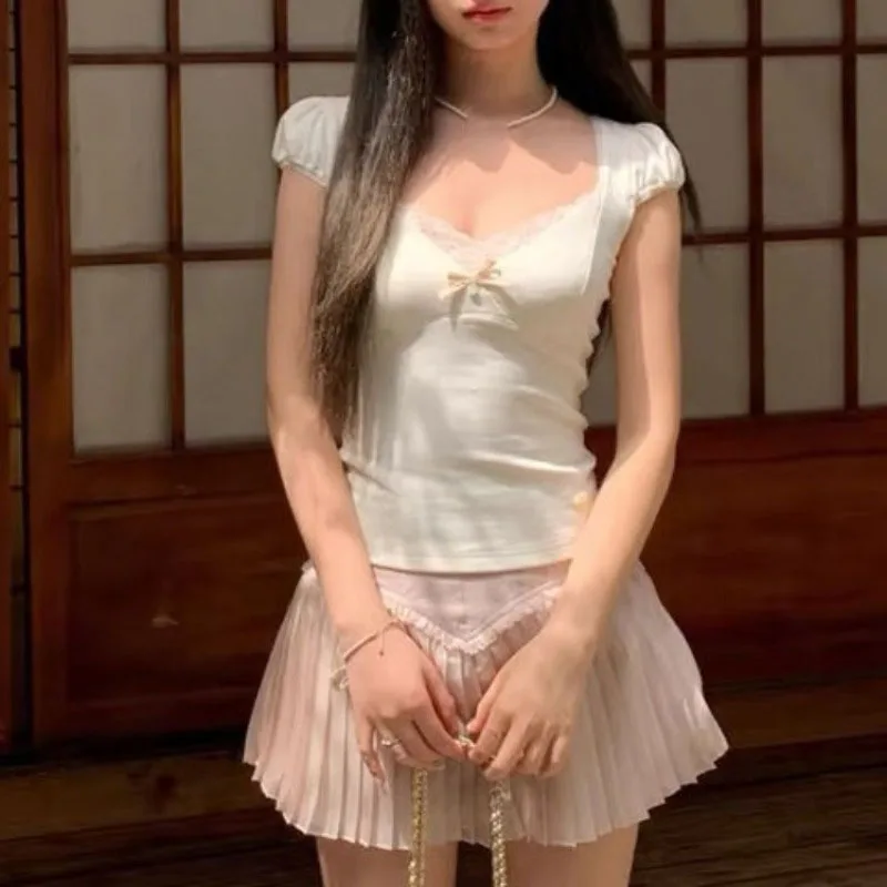 2025 Ropa Mujer اليابانية تي شيرت للنساء مثير الخامس الرقبة قصيرة الأكمام تيز المرقعة الدانتيل تونك التي شيرت المحاصيل القمم الصيف Camisetas