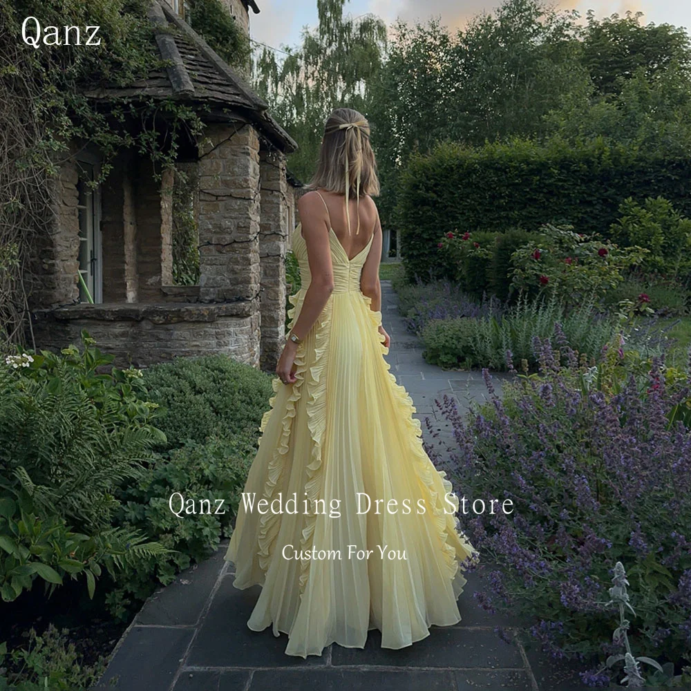

Qanz Yellow Chiffon Women Evening Dress Vestidos De Fiesta Elegantes Spaghetti Straps Long A Line Ruffles Prom Dress Customized