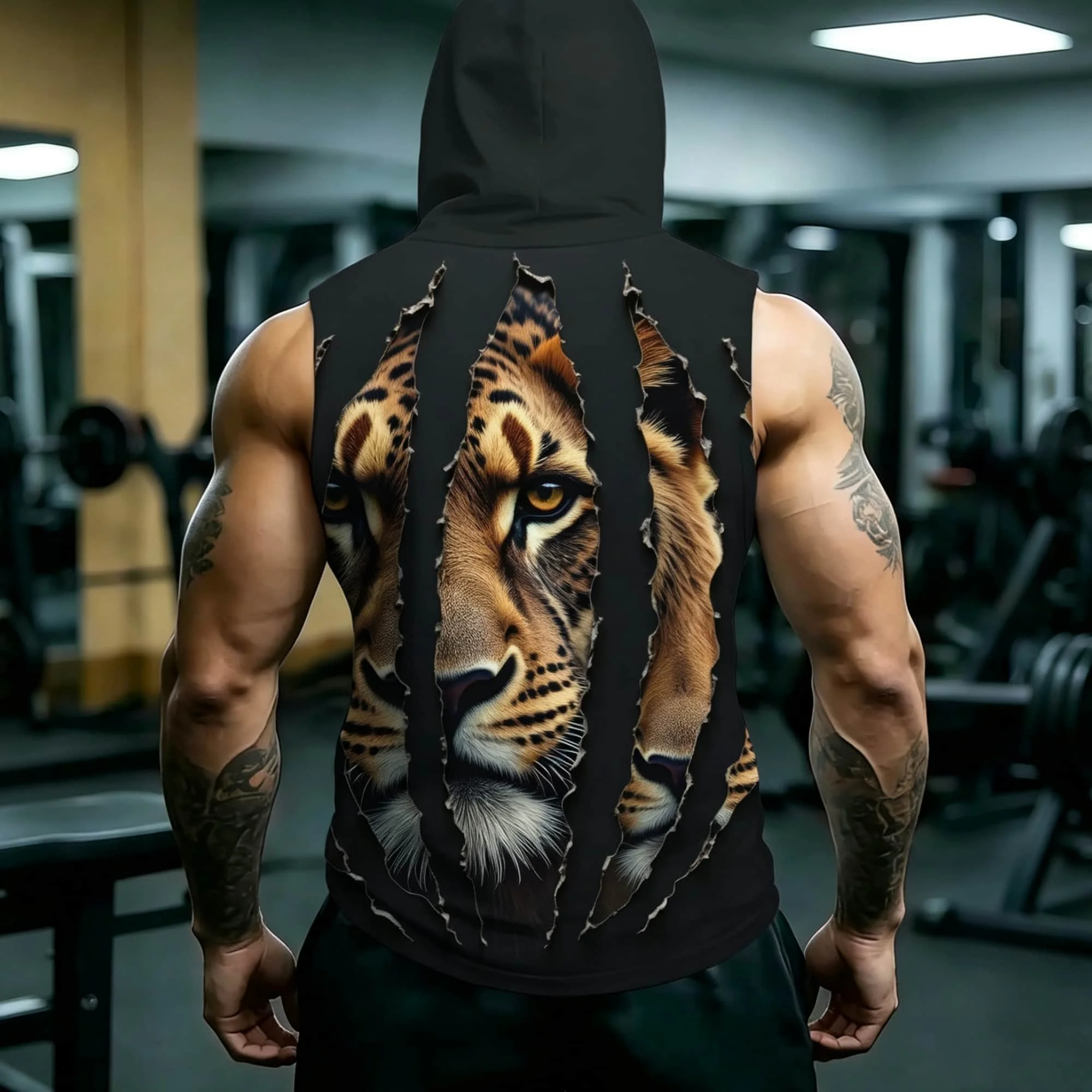 Men Streetwear Hooded Sleeveless Vest Wild Leopard Torn Graphic Aggressive Animal Print Summer Tops