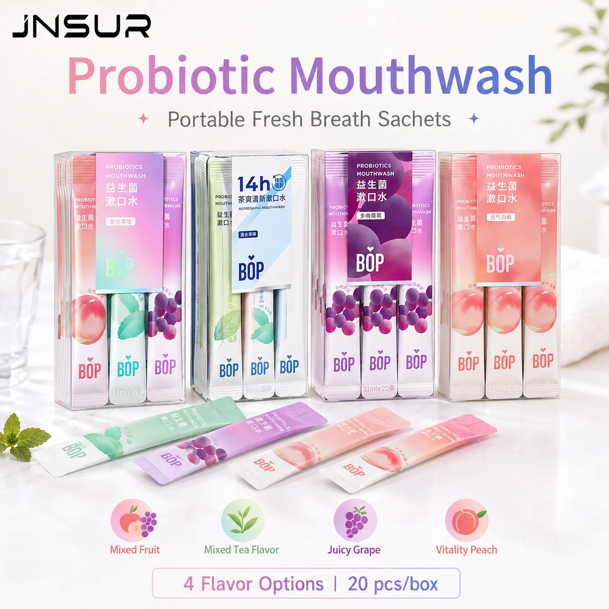 JNSUR Probiotic Mouthwash 20PCS Box Portable Fresh Breath Sachets 11ml Mixed Fruit Tea Grape Peach Flavor Oral Care Travel Mouth