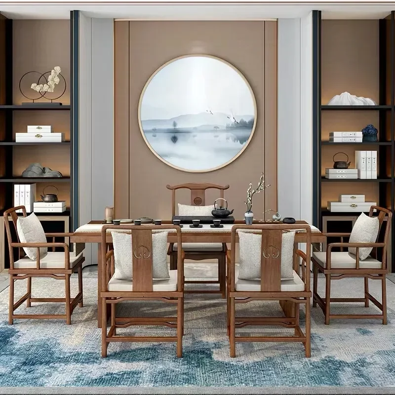 New Chinese Solid Wood Tea Table Antique Zen Style Office Meeting Guest Tea Table and Chair Set for Teahouse Room Tea Art