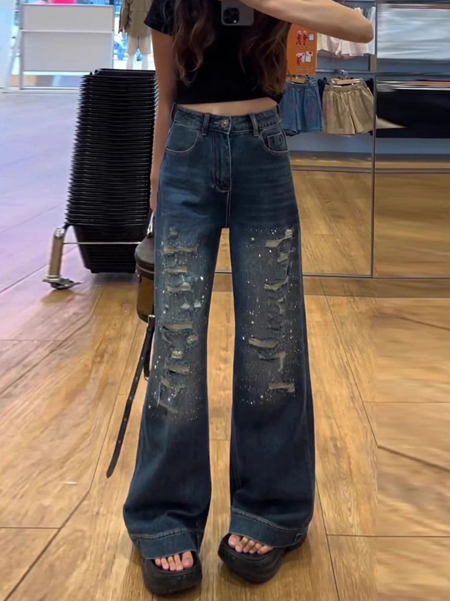 

Heavy Duty Rhinestone Hole Straight Leg Denim Jeans Women Summer Small Size Slim High Waist Loose Design Wide Leg Pants