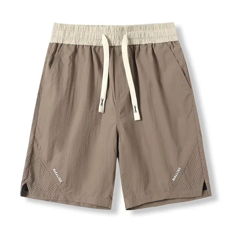 

Новинка 2023 года, спортивные прямые шорты из ледяного шелка для мужчин, пляжные шорты с буквенным принтом на шнурке, дышащие шорты-бермуды для спортзала Y2K