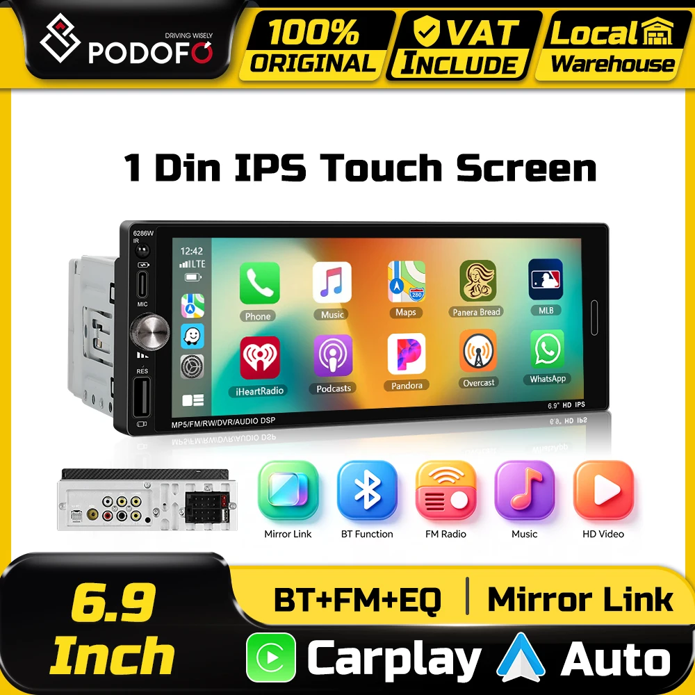 Podofo 1 Din Autoradio Multimedia MP5-Player CarPlay Android Auto 6,9-Zoll IPS-Touchscreen Intelligente Fahrzeugsysteme Mirror Link BT EQ FM Radio Stereo