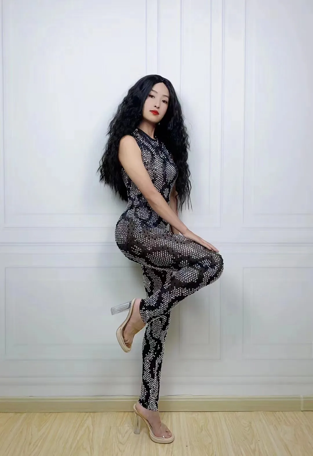 Snake Pattern Design Stunning Stretch Mesh Women Full Rhinestone Jumpsuits Sheer Sexy Drag Queen Outfit Stage Performance Wear