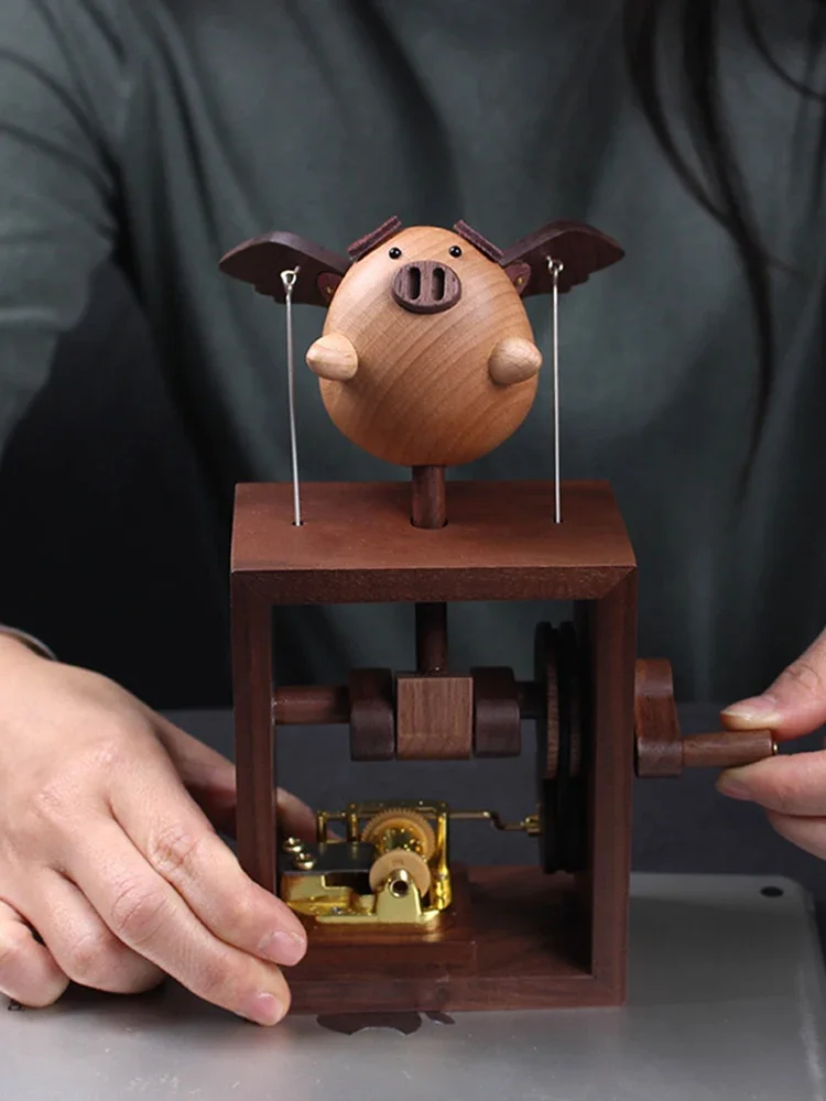 Original Wooden Hand-cranked Music Box Small Ornament High-end Cartoon Little Flying Pig Ornament Valentine's Day Birthday Gift