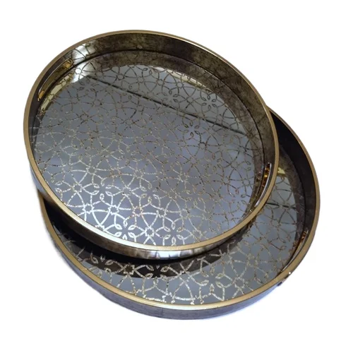 

'Modern Luxury round Tray Servant Tray Pattern Home Decor Hotel Cosmetic Organizer Made Wood Glass Steel Stainless Steel
