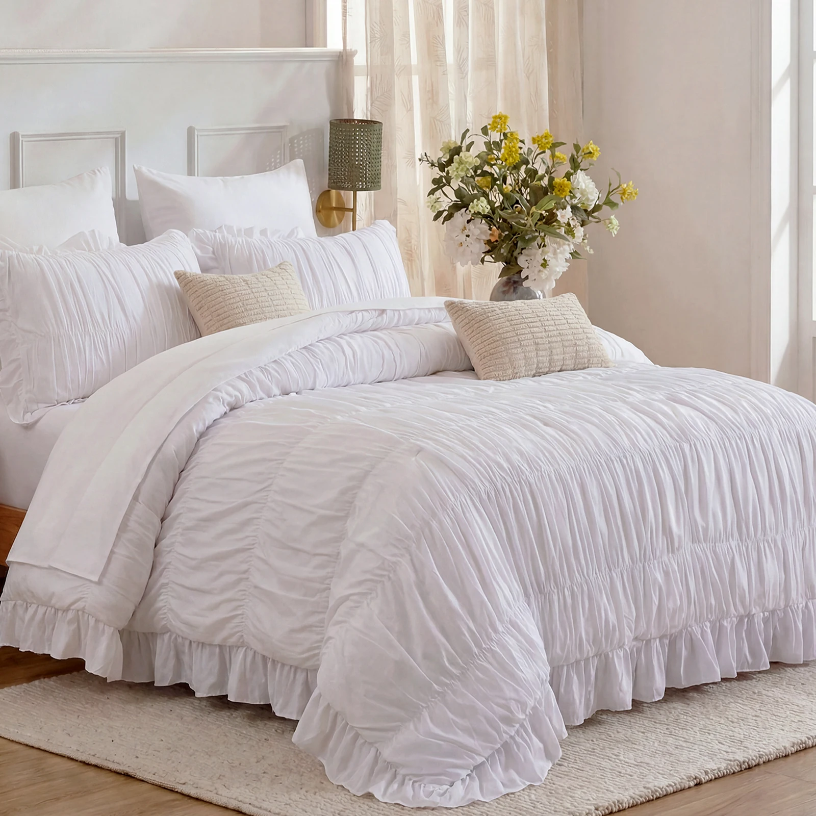 Ruffle Ruched Duvet Cover Set Queen/King Size,Boho Romance Ruched Bedding 3 Pieces Shabby Chic Wrinkle Ruffle Comforter Cover Set,Breathable and Soft Microfiber Quilt Cover Set