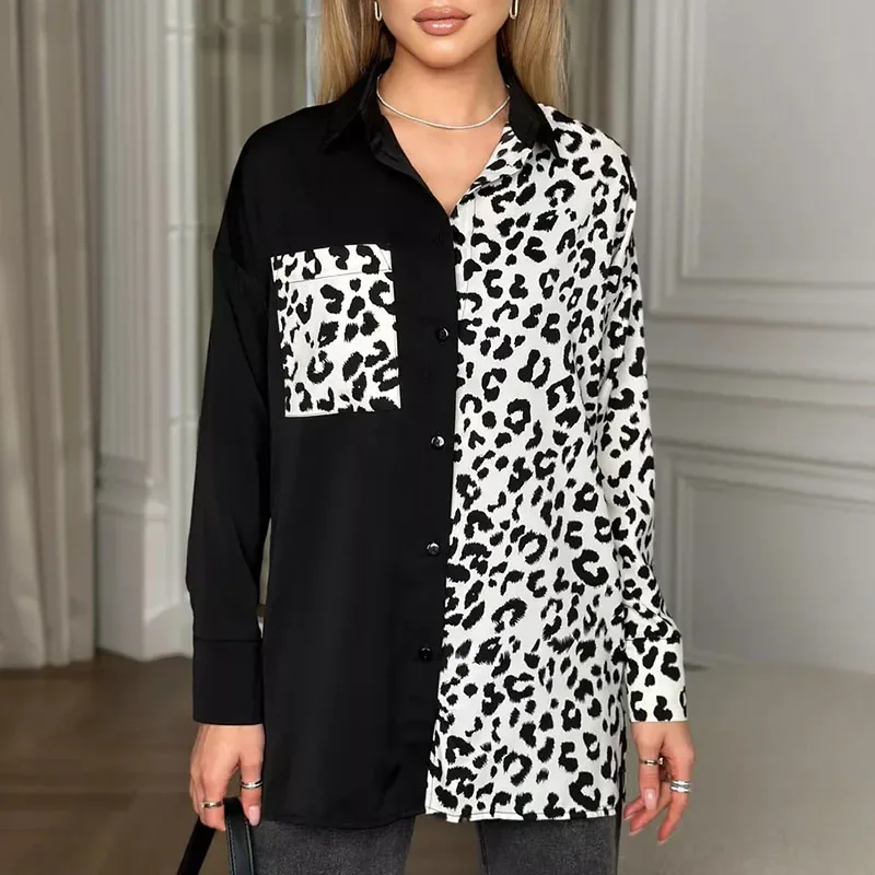 Wiosna jesień kobiety seksowny wzór w cętki koszule moda Patchwork damskie dorywczo luźne bluzki z długim rękawem skręcić w dół kołnierz topy