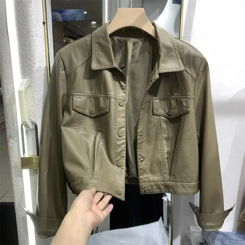 2025 Fashion Women Leather Jacket Short Coat Spring Autumn Turndown Collar Motorcycle Outerwear Top Female Streetwear PU Jackets