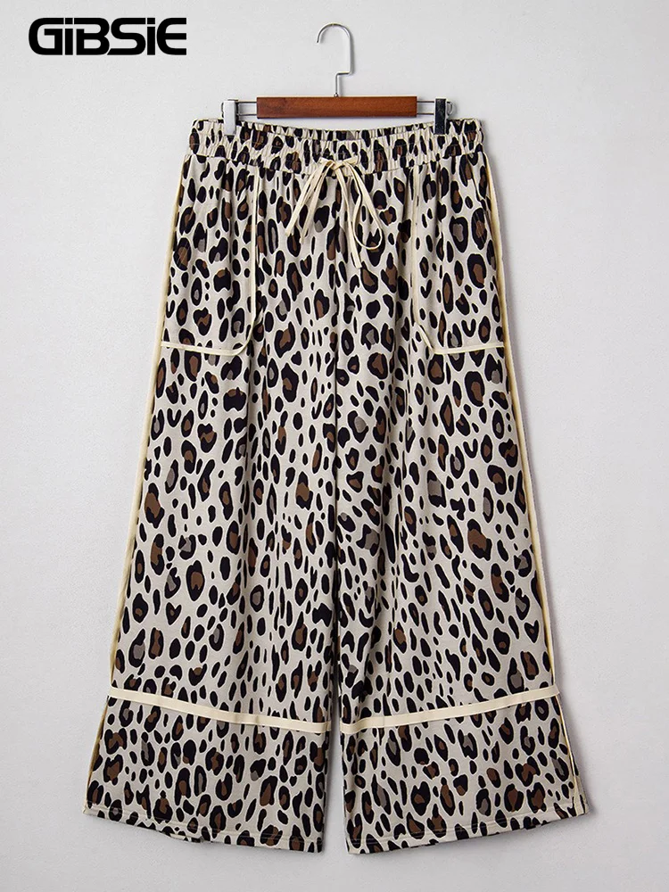 

GIBSIE Большие размеры с леопардовым принтом, повседневные брюки с эластичной резинкой на талии для женщин, весенне-осенние свободные широкие брюки с карманами