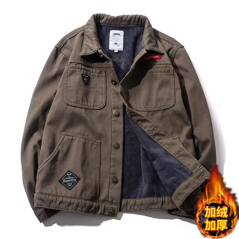 

Мужская джинсовая куртка с флисовой подкладкой, свободного кроя, повседневная, износостойкая, рабочая одежда, верхняя одежда, модная брендовая молодежная куртка с длинными рукавами