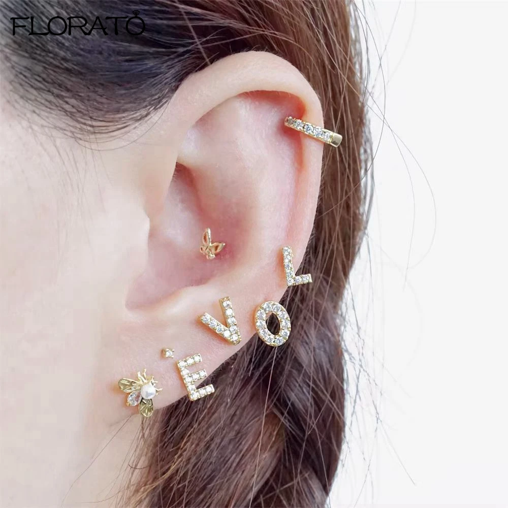 

925 Sterling Silver Needle 26 English Letters Initial Small Earrings A-Z Alphabets Stud Earrings for Women Retro Ear Jewelry