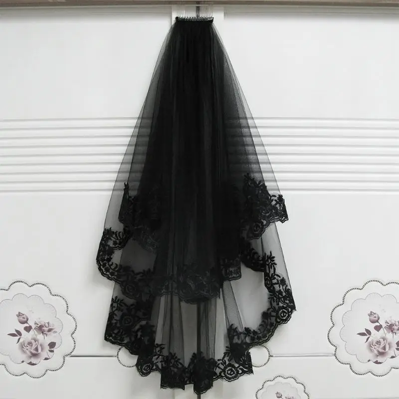 2-Tier Women Halloween Cosplay Costume Black Mantilla Wedding Veil Embroidery Floral Lace Sheer Tulle Hair Accessories with