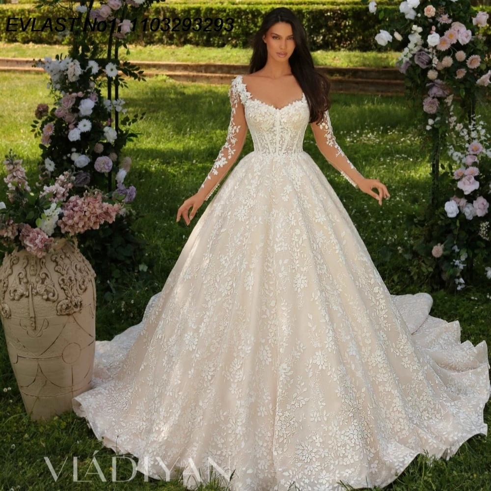 

EVLAST Customized Sparkly A Line Wedding Dress Long Sleeve Lace Applique Muslim Beading Women Bridal Gown Robe De Mariee TBD94